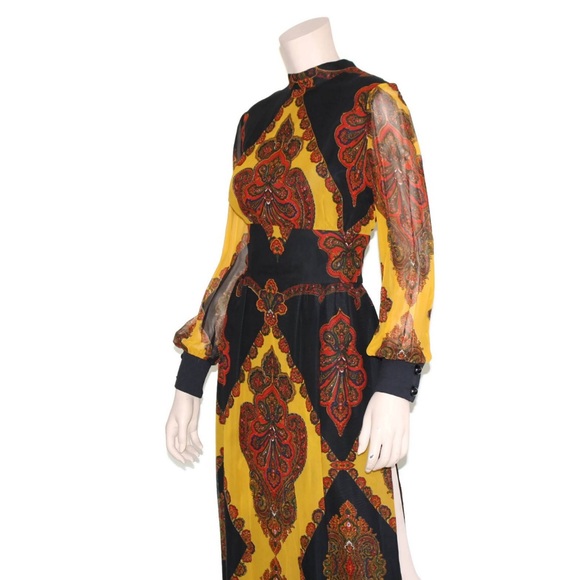 Paisley balloon sleeve dress, Vintage 60s maxi,  yellow & black gown 70s goddess - Picture 4 of 8